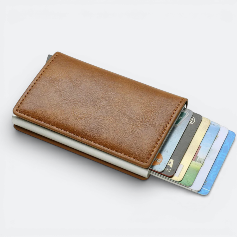 AïtaVia brown faux leather RFID blocking card holder with multiple cards visible