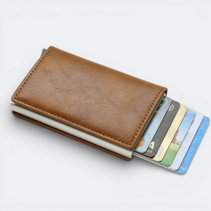 AïtaVia brown faux leather RFID blocking card holder with multiple cards visible