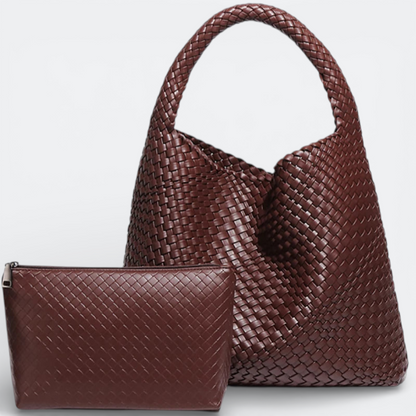 AïtaVia large woven leather hobo bag and matching pouch in deep burgundy. Spacious and stylish for travel.