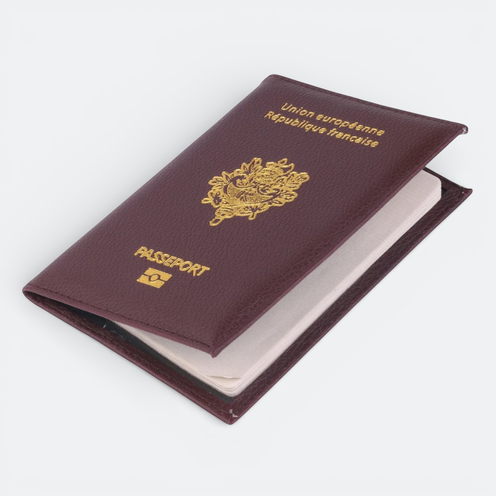 AïtaVia burgundy passport holder with gold French emblem and text 'PASSEPORT'. Ideal for travel.