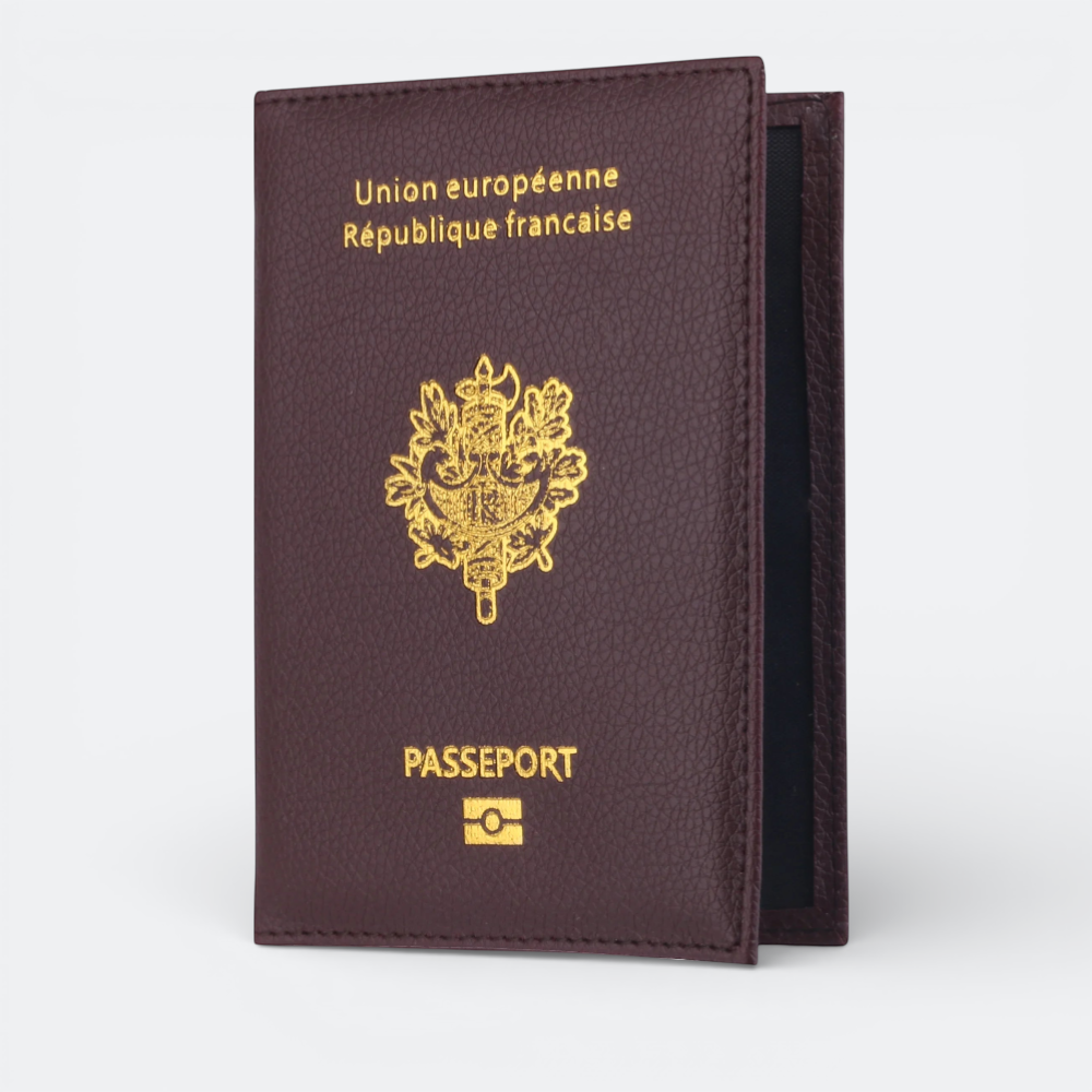AïtaVia burgundy leather passport holder with gold French emblem and text "Union européenne République française PASSEPORT".
