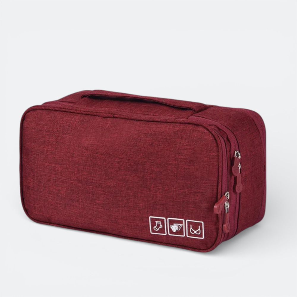 AïtaVia burgundy travel underwear organizer bag with zippered compartments and top handle. Features icons for socks, underwear, and bras.