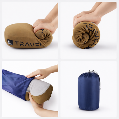 AïtaVia brown camping pillow with TRAVEL logo, shown compressed and in its blue storage bag.