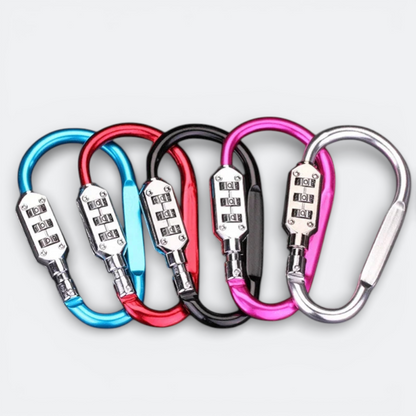 AïtaVia carabiner luggage locks in blue, red, black, pink, and silver with combination locks.