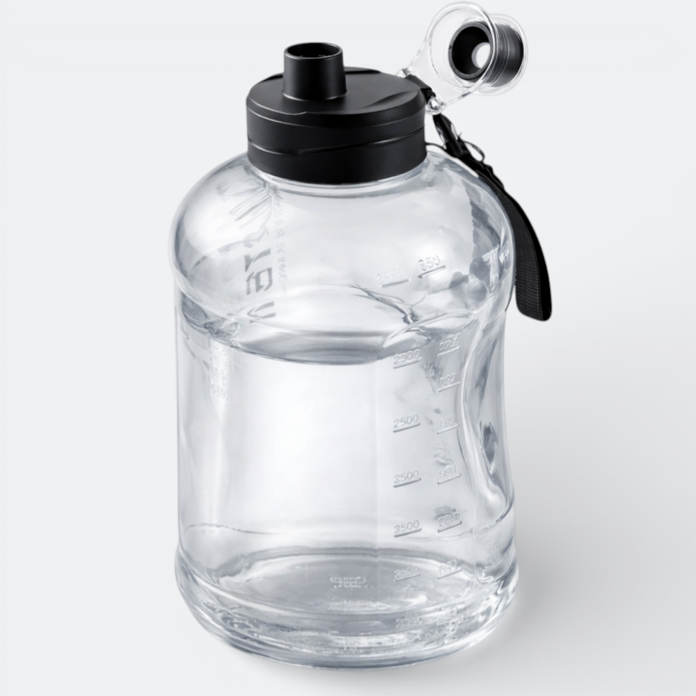 AïtaVia clear plastic water bottle with black lid and strap, marked with volume measurements.