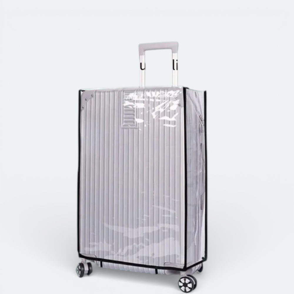 AïtaVia clear, durable suitcase cover protecting a silver ribbed suitcase. Features black trim and a transparent design.