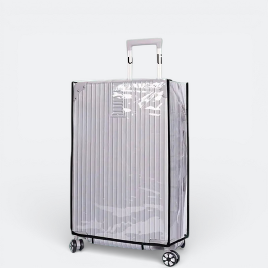 AïtaVia clear, durable suitcase cover protecting a silver ribbed suitcase. Features black trim and a transparent design.