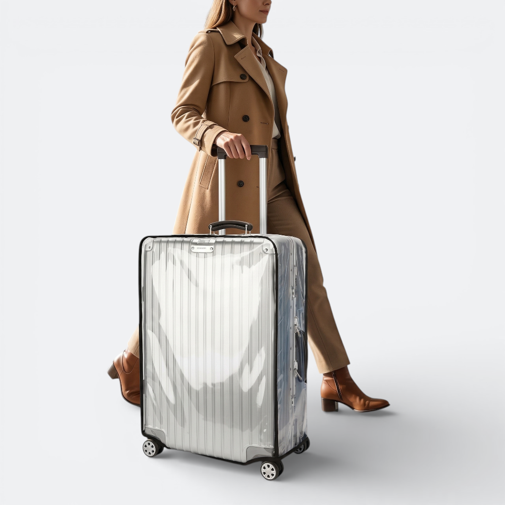 AïtaVia clear, protective luggage cover over a silver suitcase, ideal for travel protection.