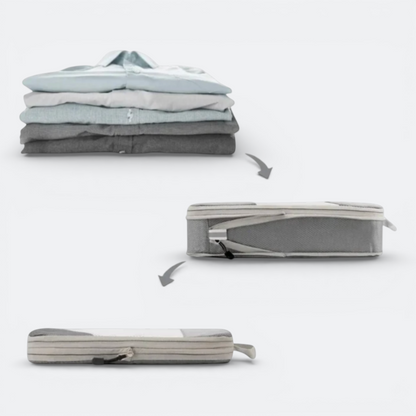 AïtaVia grey compressible packing cube shown flat and expanded, demonstrating how it compresses folded shirts to save space.