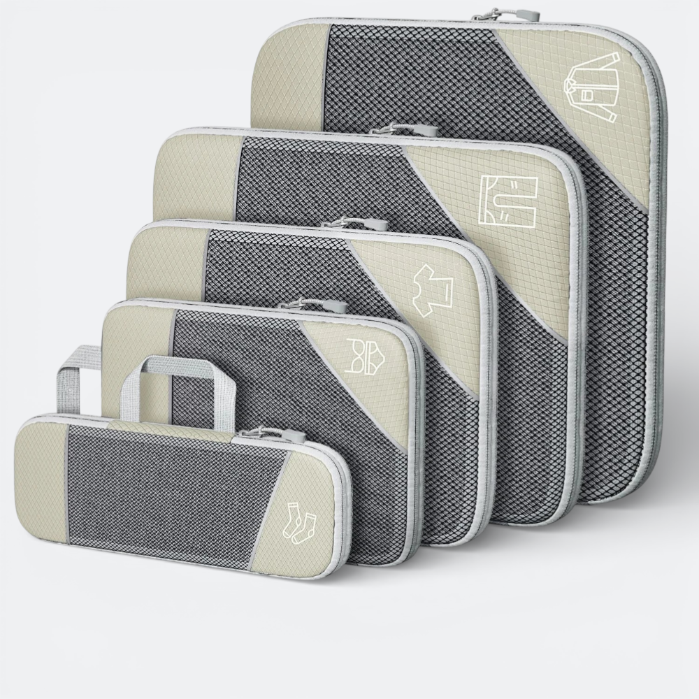 AïtaVia beige and grey compressible packing cubes with mesh fronts and clothing icons. Set of 5.