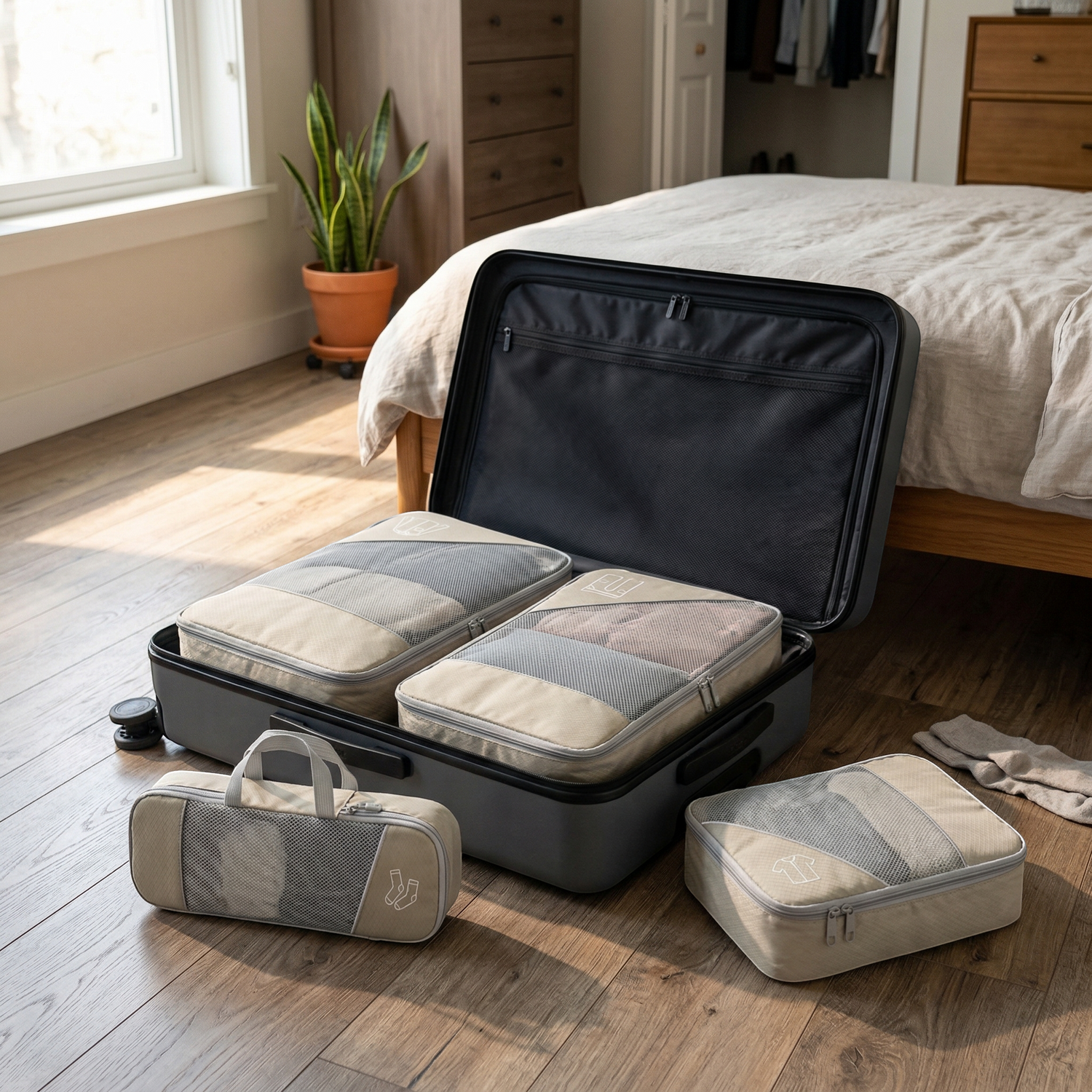 AïtaVia beige and grey compressible packing cubes with mesh tops, one small with handles, inside an open suitcase.
