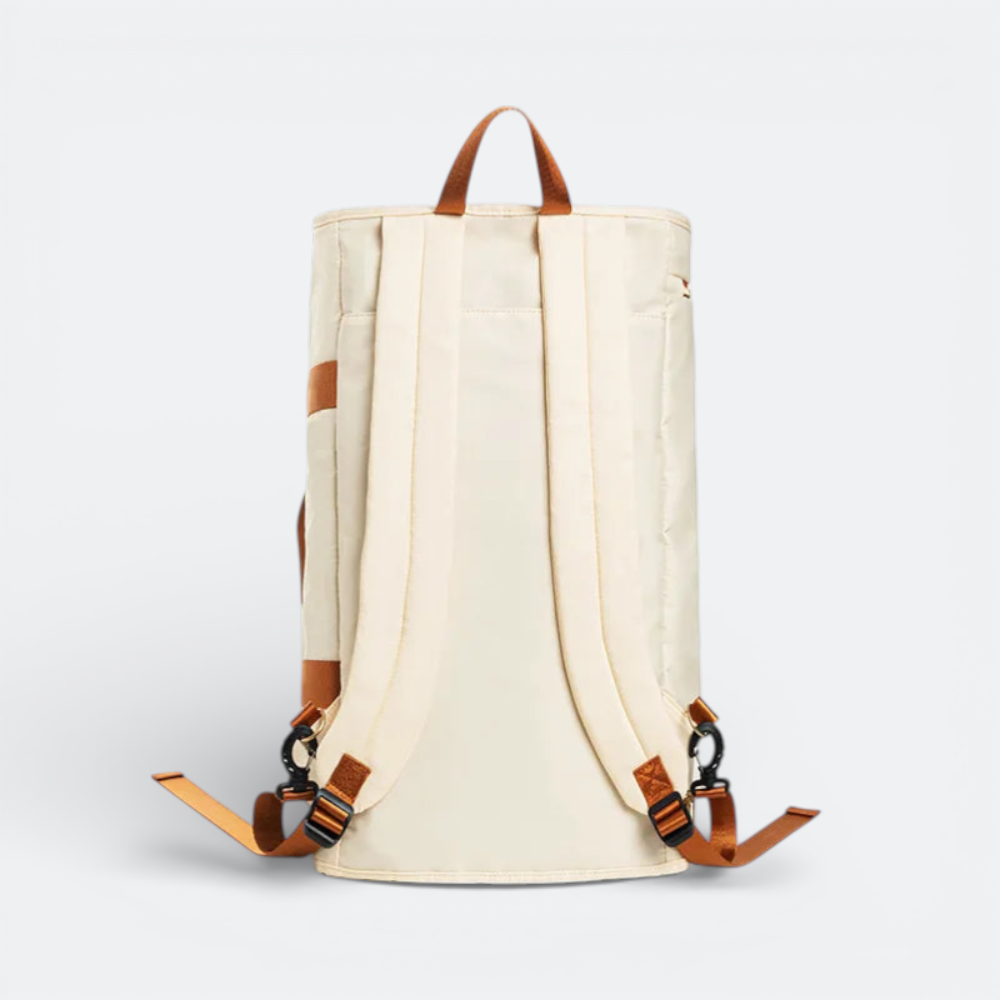 AïtaVia convertible backpack in cream with brown accents, featuring adjustable shoulder straps and a top handle.
