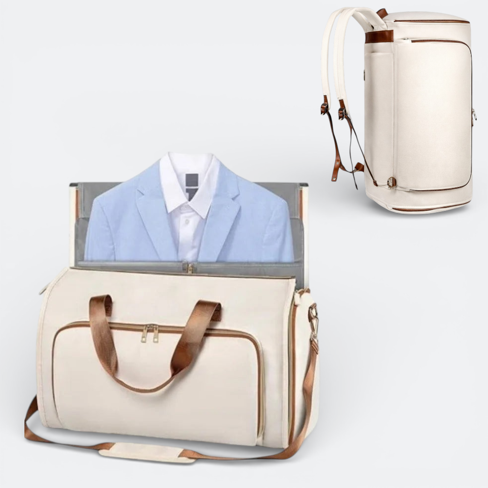 AïtaVia convertible backpack and shoulder bag in cream with brown trim, featuring a suit inside.