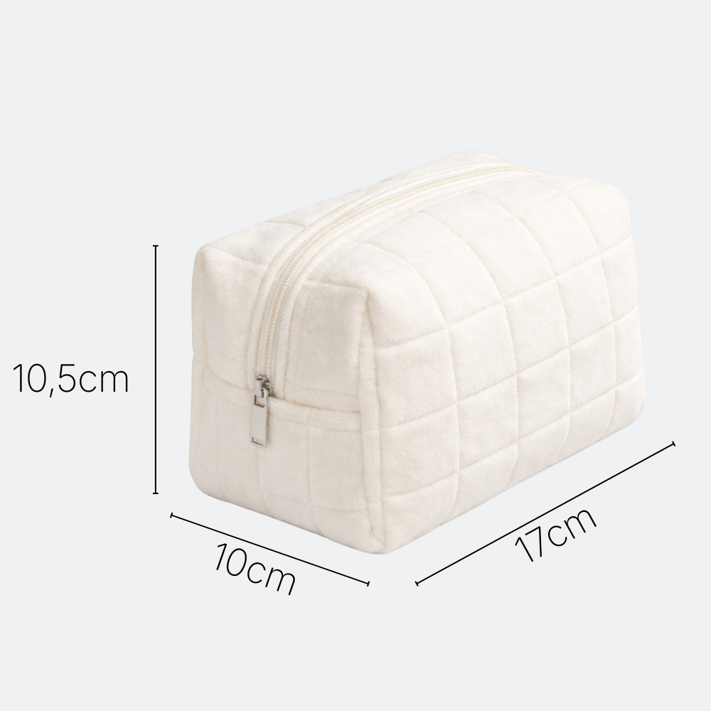 AïtaVia cream plush quilted makeup bag with zipper closure, perfect for travel and daily organization.