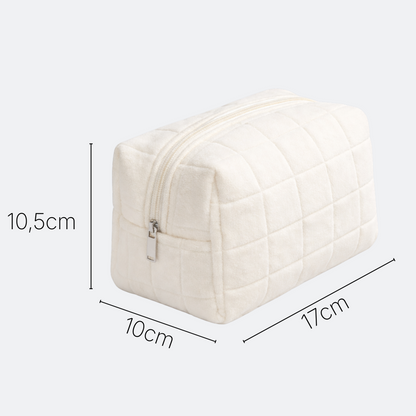 AïtaVia cream plush quilted makeup bag with zipper closure, perfect for travel and daily organization.