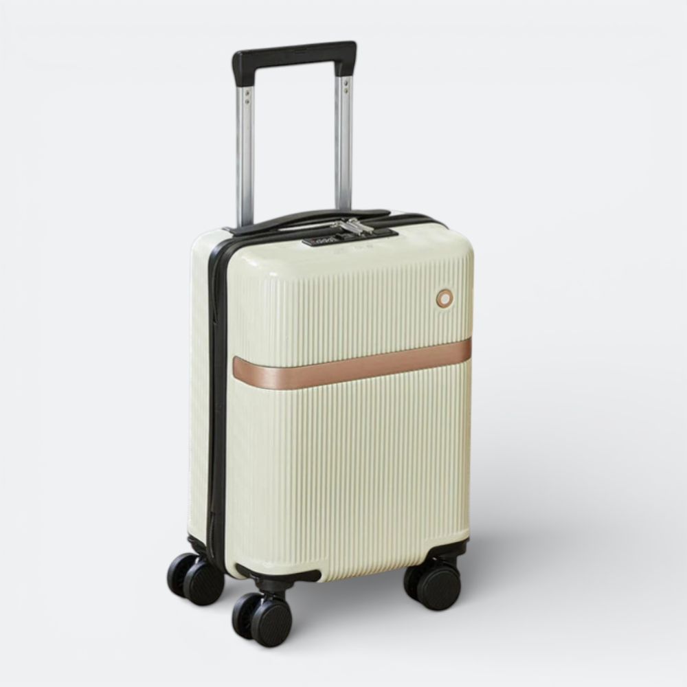 AïtaVia cream suitcase with removable wheels, rose gold accent band, and TSA lock. Features a ribbed exterior and telescopic handle.