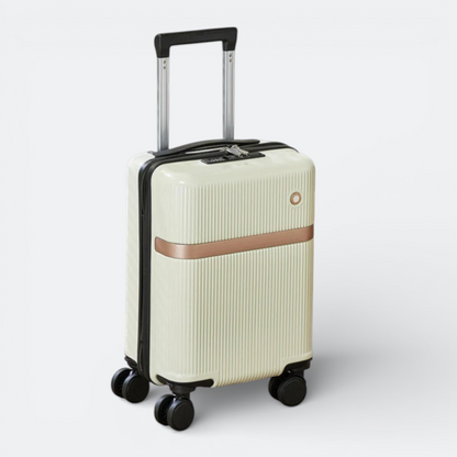 AïtaVia cream suitcase with removable wheels, rose gold accent band, and TSA lock. Features a ribbed exterior and telescopic handle.