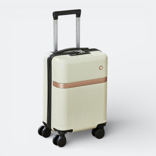 AïtaVia cream suitcase with removable wheels, rose gold accent band, and TSA lock. Features a ribbed exterior and telescopic handle.