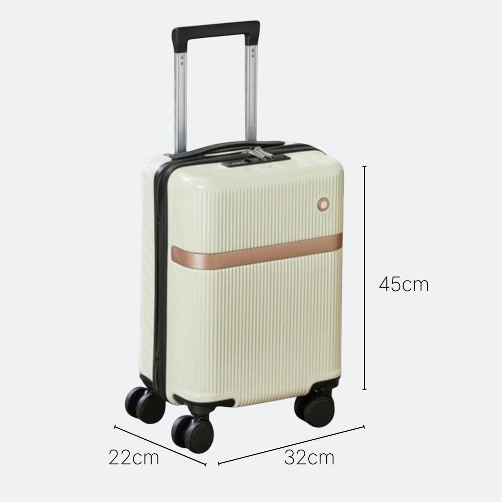 AïtaVia cream ribbed carry-on suitcase with rose gold accent and removable wheels. Features TSA lock and telescopic handle.