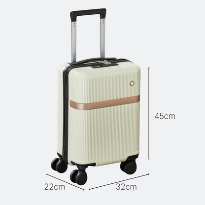 AïtaVia cream ribbed carry-on suitcase with rose gold accent and removable wheels. Features TSA lock and telescopic handle.