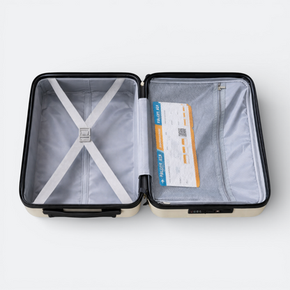 AïtaVia cream suitcase interior with packing straps and a boarding pass. Features removable wheels for easy repair.