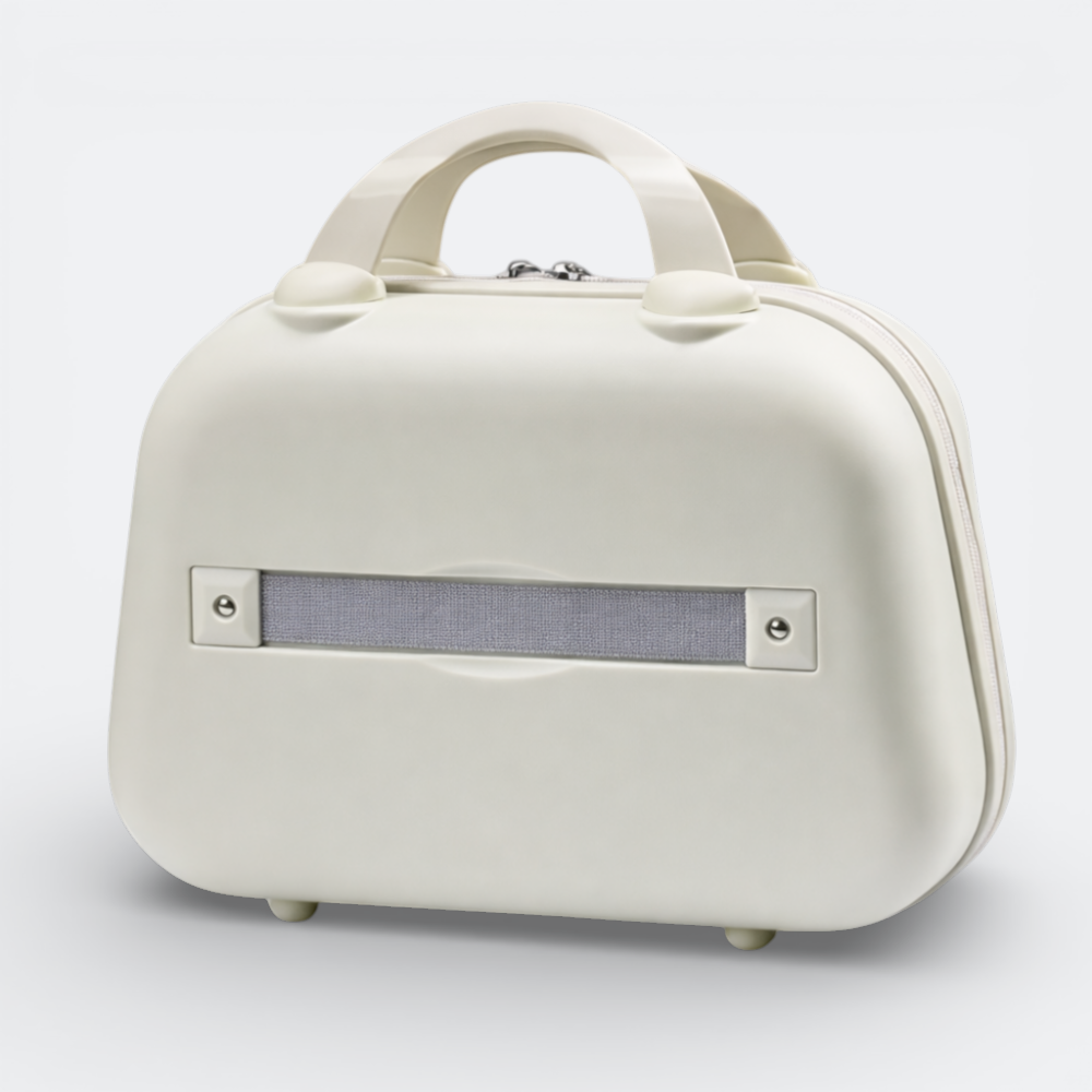 AïtaVia cream vanity case with a grey elastic band and silver zipper. Features a top handle and four small feet.