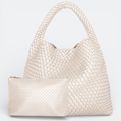 AïtaVia large woven leather hobo bag in cream with matching pouch. Soft, supple leather with braided handle.