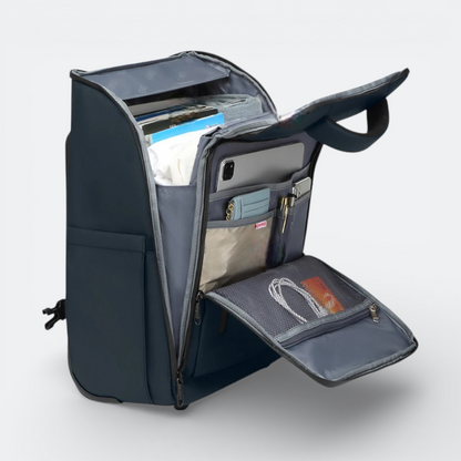 AïtaVia dark blue cabin-sized rolling backpack with multiple compartments for travel essentials.