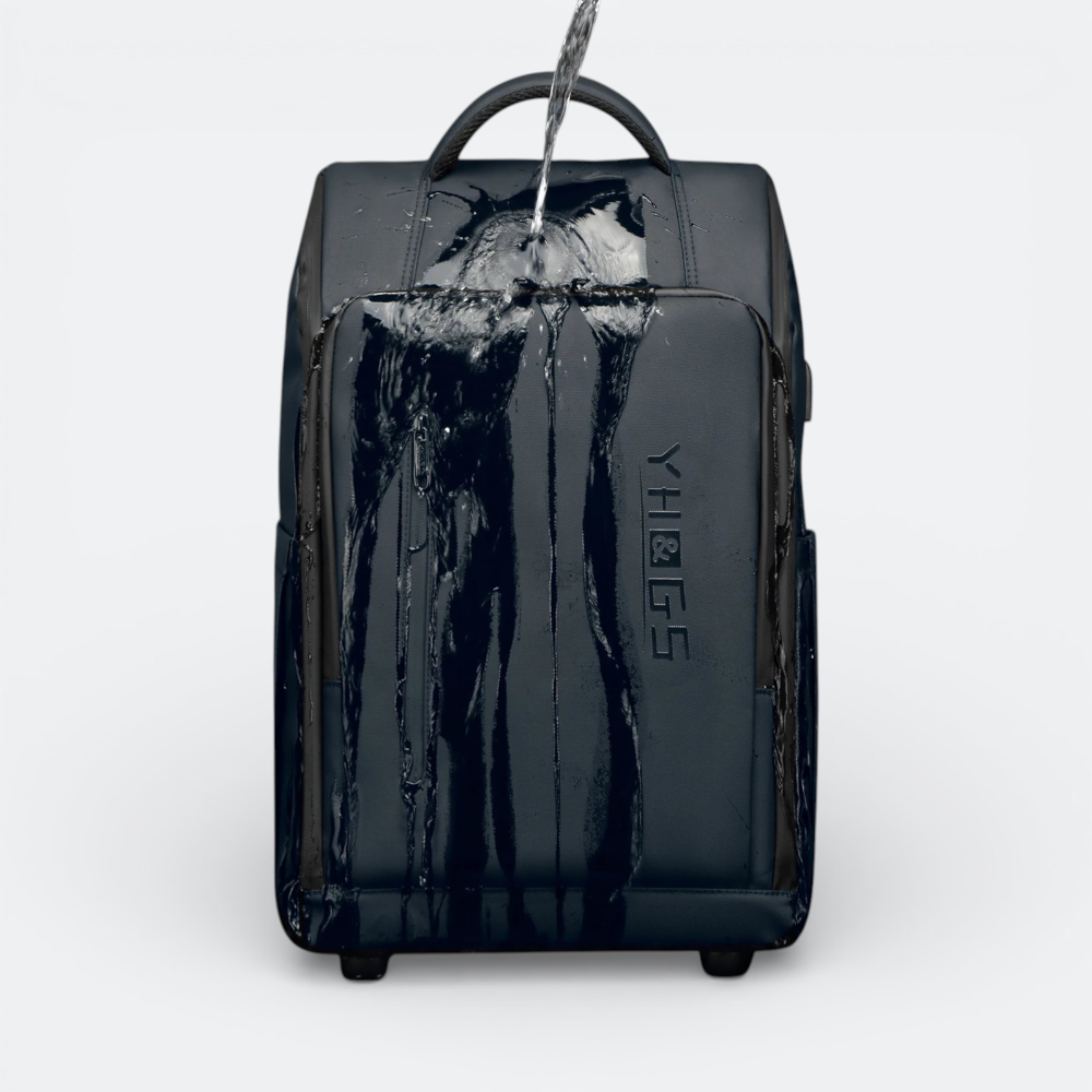AïtaVia dark blue water-resistant cabin luggage backpack with wheels and embossed logo.