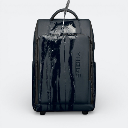 AïtaVia dark blue water-resistant cabin luggage backpack with wheels and embossed logo.