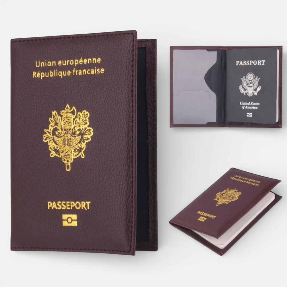 AïtaVia dark brown leather passport holder with gold French emblem and text "PASSEPORT". Holds a US passport.