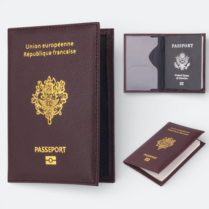 AïtaVia dark brown leather passport holder with gold French emblem and text "PASSEPORT". Holds a US passport.