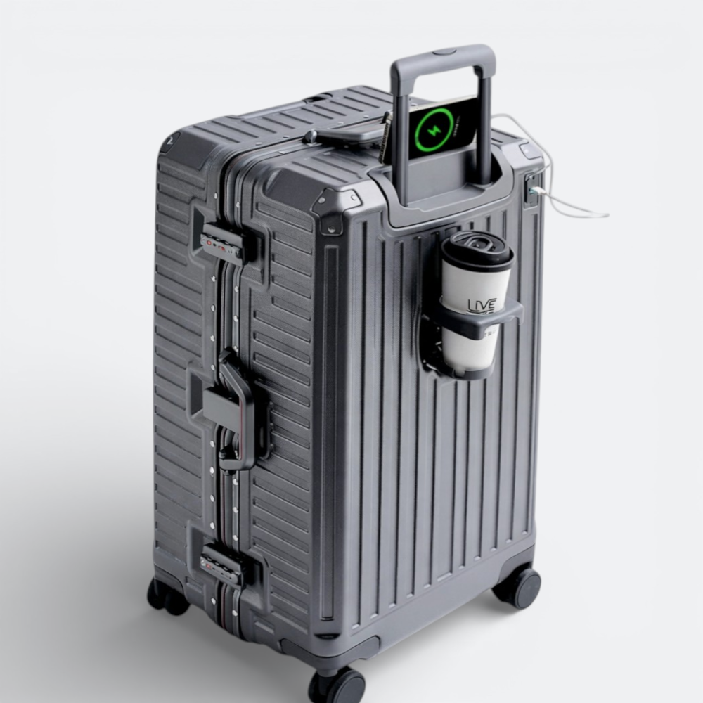 AïtaVia dark grey aluminium frame suitcase with integrated phone charger and cup holder, TSA locks, and spinner wheels.