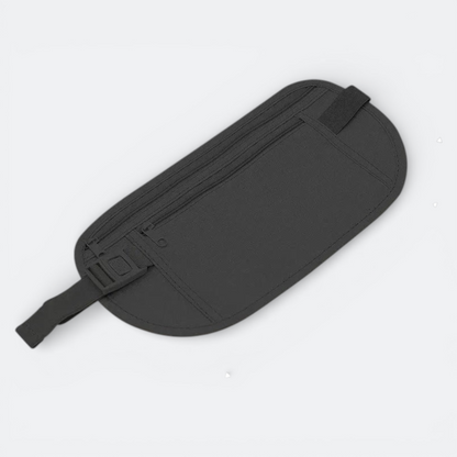 AïtaVia dark grey travel belt with multiple zippered compartments and adjustable strap for secure storage of essentials.