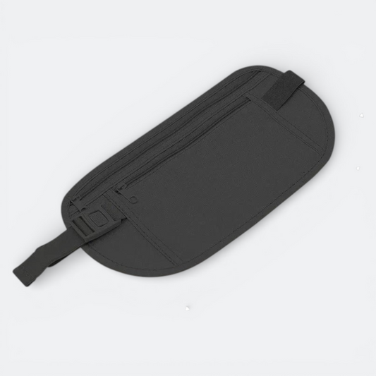 AïtaVia dark grey travel belt with multiple zippered compartments and adjustable strap for secure storage of essentials.