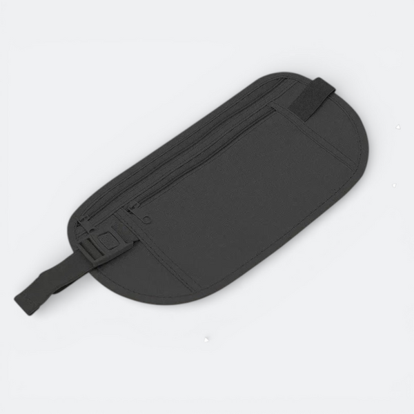 AïtaVia dark grey travel belt with multiple zippered compartments and adjustable strap for secure storage of essentials.