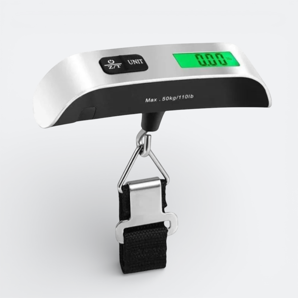 AïtaVia silver and black digital luggage scale with a green display showing 0.00 lb and a black strap.