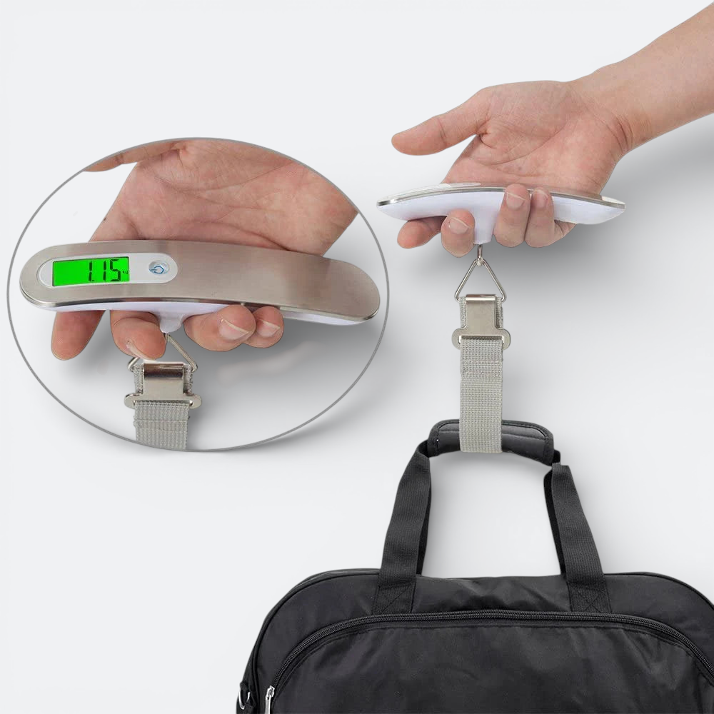 AïtaVia digital luggage scale with a silver and white body, weighing a black bag. Features a green LCD display.