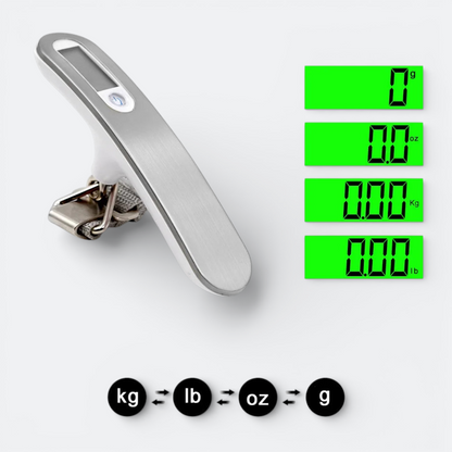 AïtaVia digital luggage scale in silver and white with a strap and hook, showing weight units kg, lb, oz, and g.