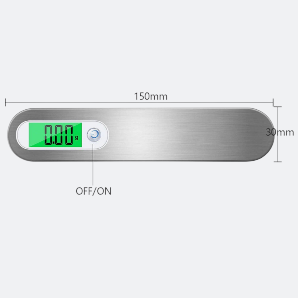 AïtaVia digital luggage scale, compact stainless steel design with green LCD display and ON/OFF button.