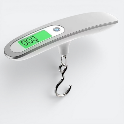 AïtaVia digital luggage scale, white, with a green LCD screen displaying 0.00 kg and a metal hook.