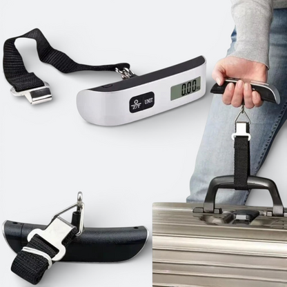 AïtaVia portable digital luggage scale with black strap and LCD screen, ideal for travel.