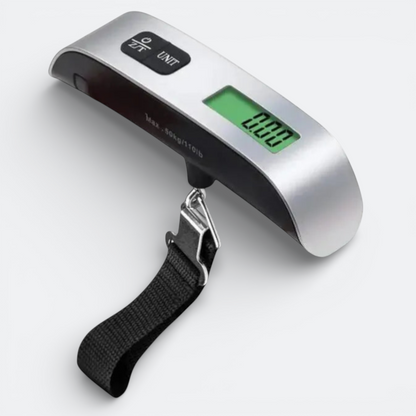 AïtaVia silver digital luggage scale with black strap and green LCD screen showing 0.00