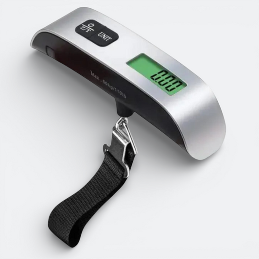 AïtaVia silver digital luggage scale with black strap and green LCD screen showing 0.00