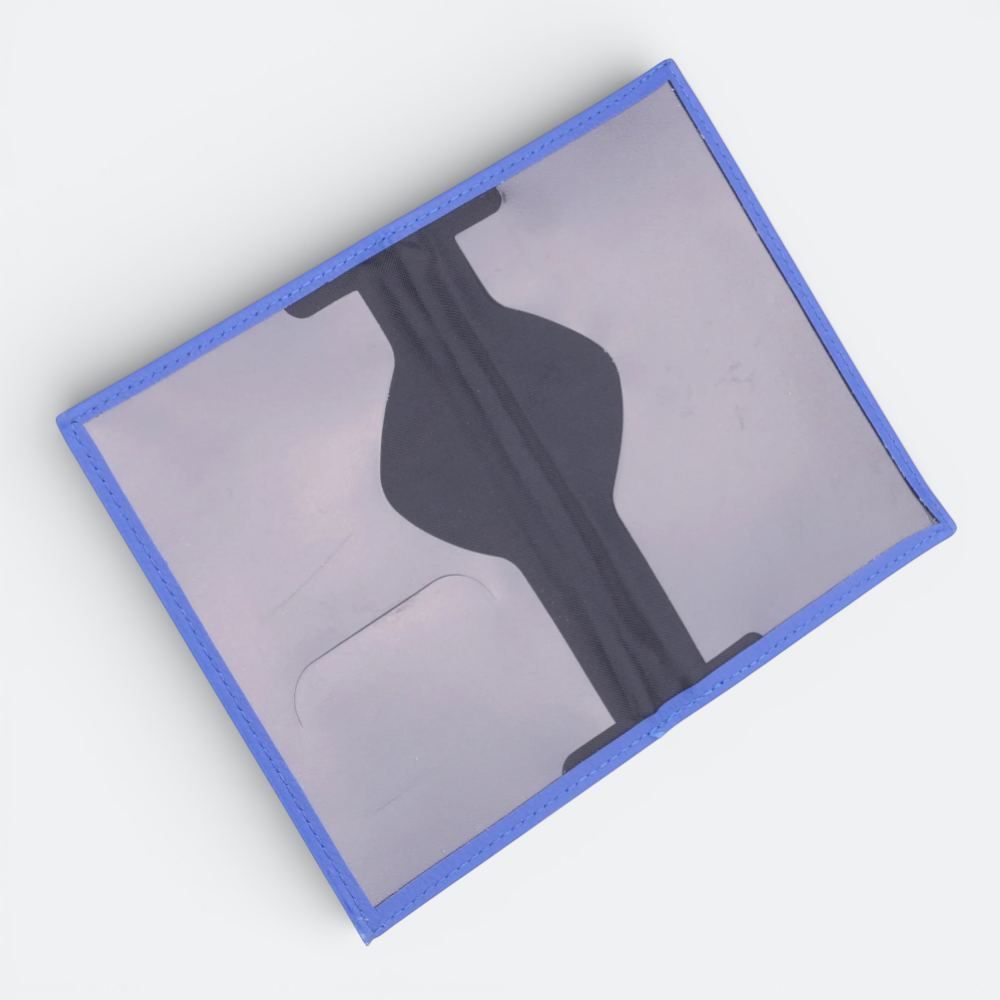 AïtaVia French passport holder in blue with a grey interior and black strap detail.