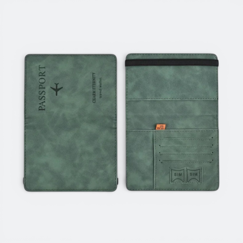 AïtaVia green passport holder for men, faux leather travel wallet with card slots and RFID protection.