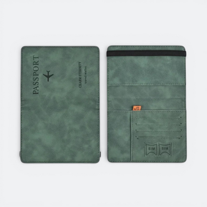 AïtaVia green passport holder for men, faux leather travel wallet with card slots and RFID protection.