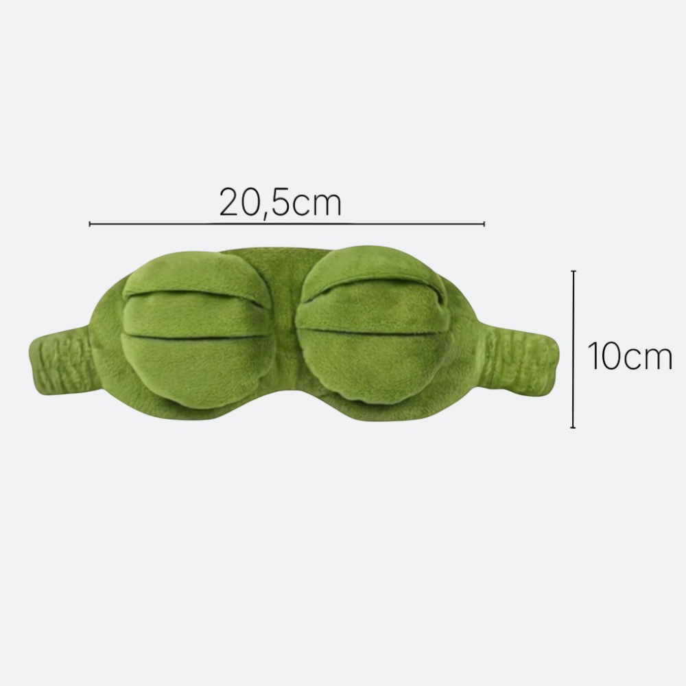 AïtaVia green plush frog-shaped sleep mask with eye details. Comfortable for travel.