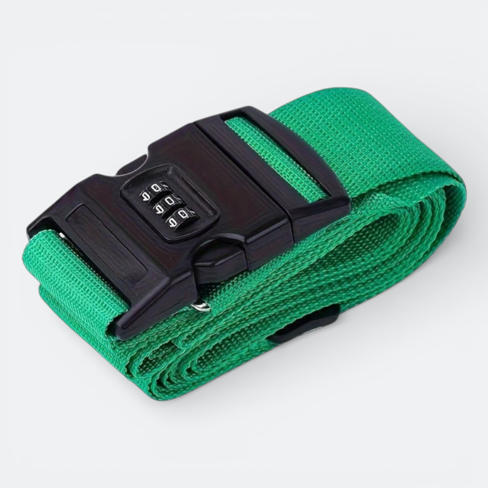 AïtaVia green luggage strap with a black combination lock, made of durable nylon, perfect for securing travel bags.