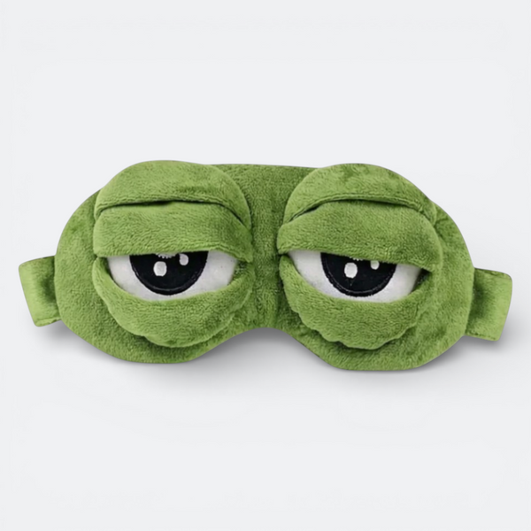 AïtaVia green plush frog-eye sleep mask with large, sleepy eyes. Soft material for travel comfort.